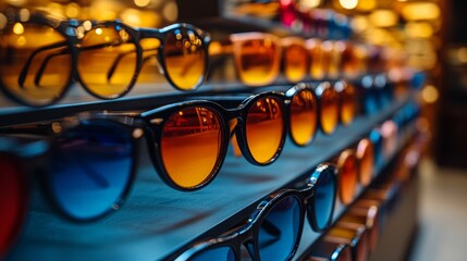 Row of stylish sunglasses displayed under vibrant lighting