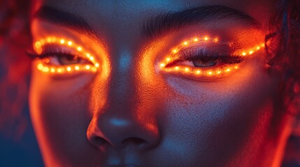 Close-up portrait of a woman with glowing orange eyes