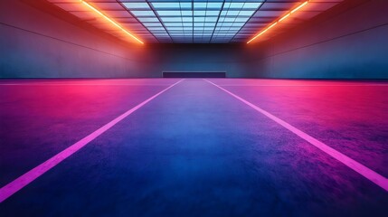 A long, empty road with a bright blue and red neon light