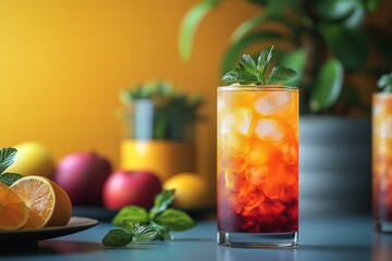 Fototapeta premium Refreshing layered cocktail with mint and citrus in vibrant setting