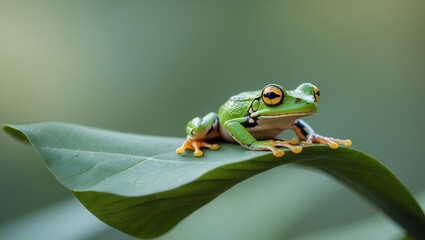 Green Tree Frog Resting On A Leaf In Nature