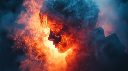 Fototapeta premium Profile of a man surrounded by glowing fiery smoke