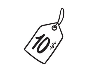 10 dollarsprice tag doodle hand drawn icon. Outline drawing ten dollars price tag line clipart symbol. Isolated price tag