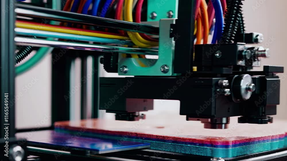 Aufkleber Exploring the process of 3D printing in a modern workshop with vibrant materials and precise movements