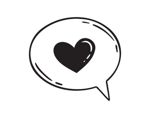 Speech bubble with a heart hand drawn line doodle style. Isolated love heart message.