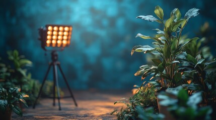 Outdoor photography lighting setup in a lush garden