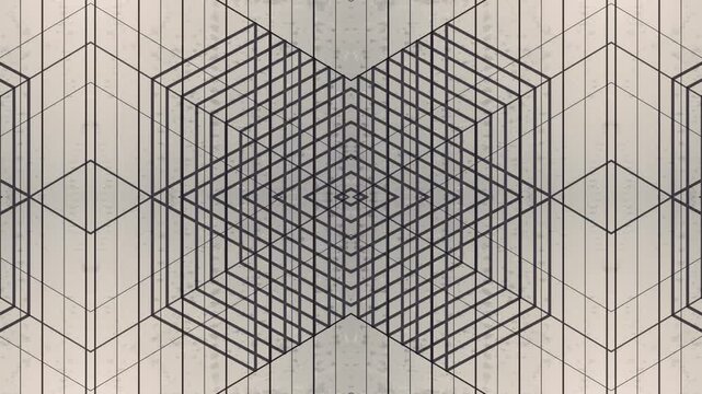 Abstract loop animation with dark lines of rectangles moving and folding into complex three-dimensional shapes. The background is in light colors with an old, worn texture. 3d rendering 4K
