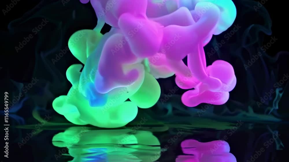 Poster underwater colors swirl and blend in mesmerizing patterns creating an ethereal atmosphere in a dark 