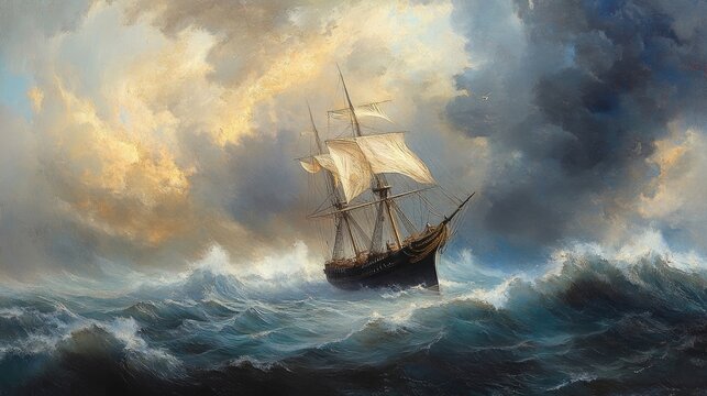 A ship sailing through stormy seas during the Age of Exploration.