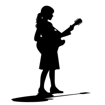 recommend clip art: Silhouette of woman playing guitar, profile view.Music performance, guitar playing, event promotion, band concept, musician profile, music contest, music art, concert advertisement, guitar event.