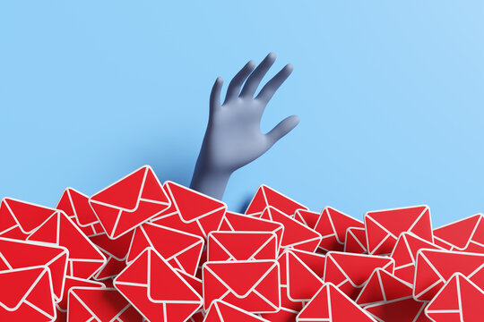 Human hand rising above a heap of red mails on light blue background. Illustration of the concept of email overload and enormous unread messages