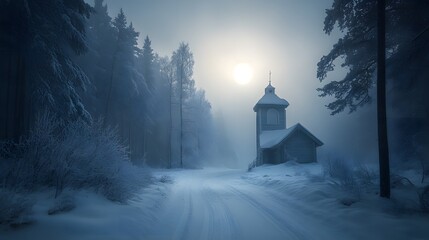 Winter forest with a little castle tower in the morning sun