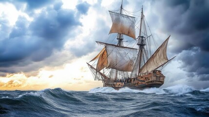 Obraz premium A ship sailing through stormy seas during the Age of Exploration.