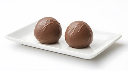 Two Chocolate Eggs Resting on a White Dish