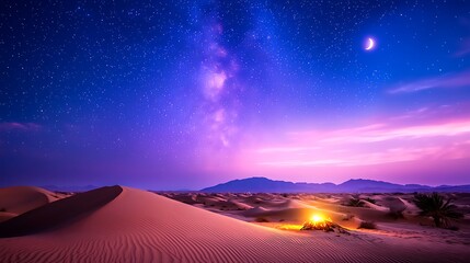 Desert night scene with campfire, stars, and Milky Way.