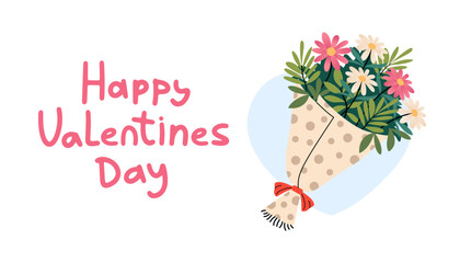 Fototapeta premium Happy Valentines day banner with flowers bouquet. Hand drawn lettering. February 14 celebration of romantic background. Feelings of love and care. Festive congratulations. Vector flat illustration.