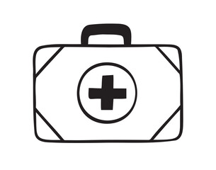 First aid kit hand drawn doodle icon. Drawing first aid kit case icon. Treatment, medicine concept.