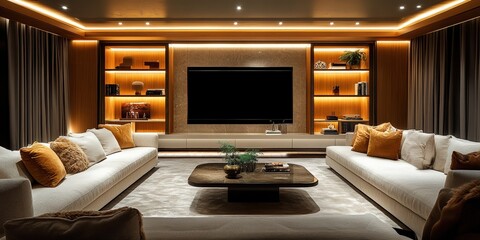 Sophisticated living space with built-in shelving modern home interior design neutral tones cozy environment high fidelity technology