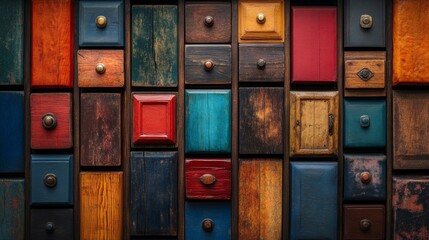 Rustic colorful drawers arranged in a bold geometric pattern