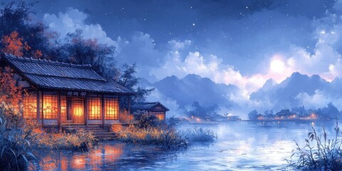 Obraz premium Serene night scene of a lakeside house with mountains and stars.