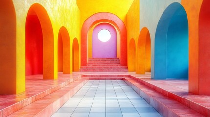 Sunlit colorful arches in a vibrant architectural composition