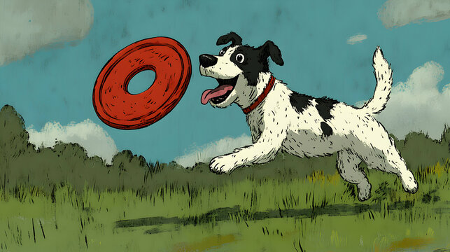 Happy dog leaps joyfully to catch a red flying disc in a vibrant green field under a bright summer sky.  A whimsical illustration perfect for pet-related products or children's books.