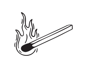 Burning match hand drawn doodle icon, simple line match drawing sketch, design outline element.