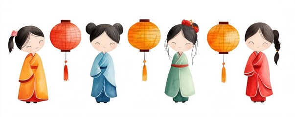 A Feast of Culture and Human Bonding at Chinese New Year concept. Charming illustration of girls in traditional outfits with lanterns.