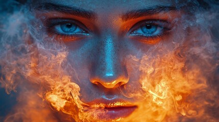Fototapeta premium Portrait of a woman surrounded by fire and smoke