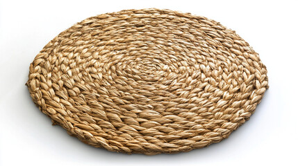 A woven straw mat or placemat with a circular pattern, made from natural materials like reeds or wicker on white background