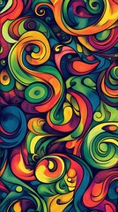 A psychedelic background of swirling colors and patterns, reminiscent of the colorful abstract art style