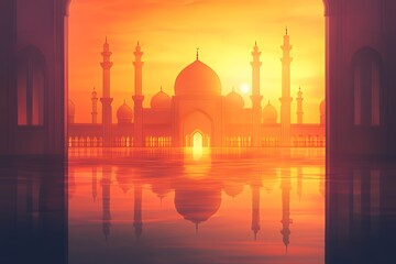 Naklejka premium Majestic Mosque Sunset Reflection Golden Hues