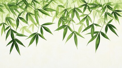 Fototapeta premium Delicate Green Bamboo Leaves Hanging Against a Soft Pale Background for Natural Aesthetics