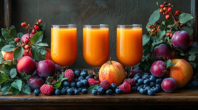 Juice bottles with fresh fruits on display