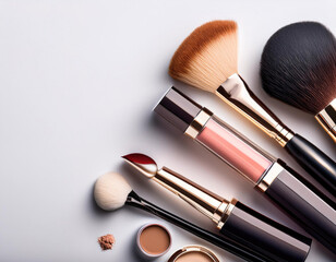 Top view of makeup concept with copy space in the white background studio shot 