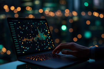 businessman uses laptop to analyze data with virtual screen displaying colorful graphs and statistics, creating modern and dynamic workspace atmosphere