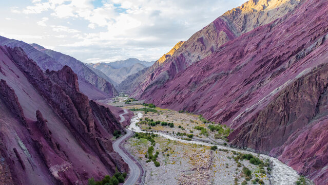 An aerial view of himalayan mountains near lato village in the leh district of ladakh between the Indus river valley and tanglang la pass on the leh-manali highway in India.