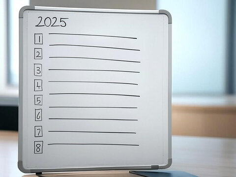 Lista vac&iacute;a en una pizarra con el titulo 2025. a&ntilde;o de prop&oacute;sitos y lista por completar 