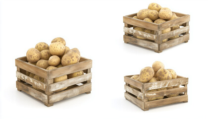 potato in wooden crate on white background