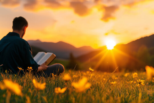 young man reading Bible in field of flowers during sunset, surrounded by mountains. warm light creates serene and peaceful atmosphere - Powered by Adobe