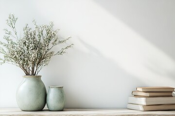 Modern table against white wall with vase and books on it