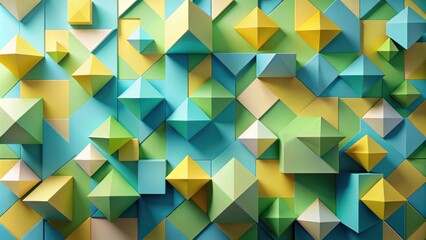 Obraz premium A colorful geometric pattern with a vibrant mix of blue, yellow, and green hues, showcasing a dynamic interplay of shapes and shadows.