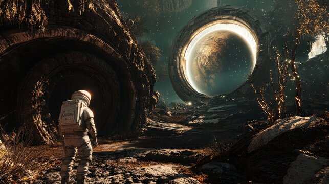 lone astronaut exploring an abandoned, alien-like structure on a distant planet. 
