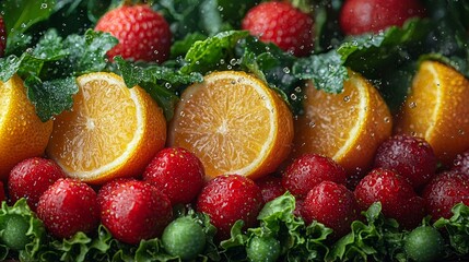 Fresh citrus and strawberries with water droplets