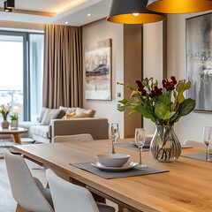 room in a modern apartment with a bold centerpiece on a wooden table and beige walls, image size 16:9 