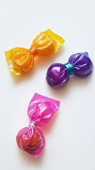 A Delightful Array of Wrapped Candies in Vibrant Hues.  Colorful, Bow-Shaped Candies in Orange, Purple, and Pink Wrappings.  Sweet Treats in Festive Packages.