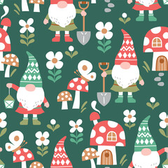 Seamless vector pattern with cute gardening gnomes, mushroom house and flowers. Hand drawn fairy dwarf on floral background. EPS 10 vector file. Perfect for textile, wallpaper or nursery print design.