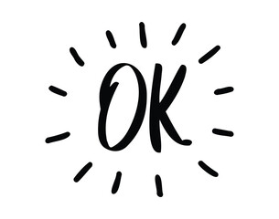 Ok comic doodle lettering flash effects. Shining hand drawn OK onomatopoeia. Okey okay decorative word cartoon icon