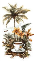 Obraz premium Tropical Paradise Coffee Break: A Lush Jungle Scene with Palm Trees, Vibrant Flowers and a Cup of Coffee. A Tranquil and Exotic Botanical Illustration