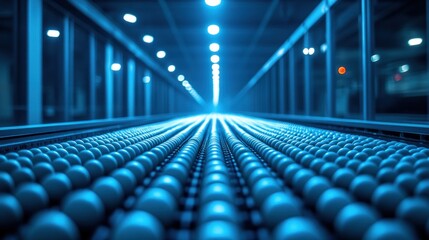 Obraz premium Industrial conveyor belt with rows of spherical objects in a brightly lit factory.